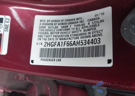 2010 Honda Civic Lx-S из США, поврежденный, VIN 2HGFA1F66AH534403